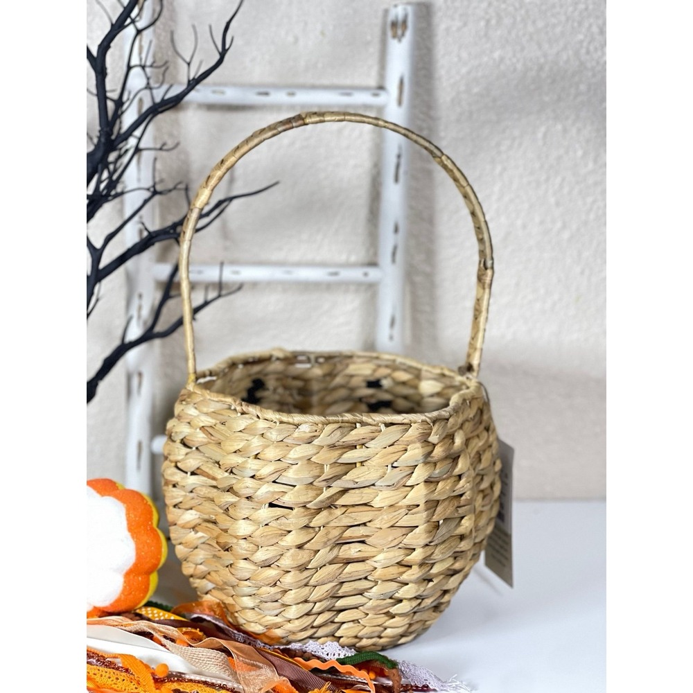 Woven Medium Halloween Pumpkin Basket with Black Accents - Picture 3 of 6